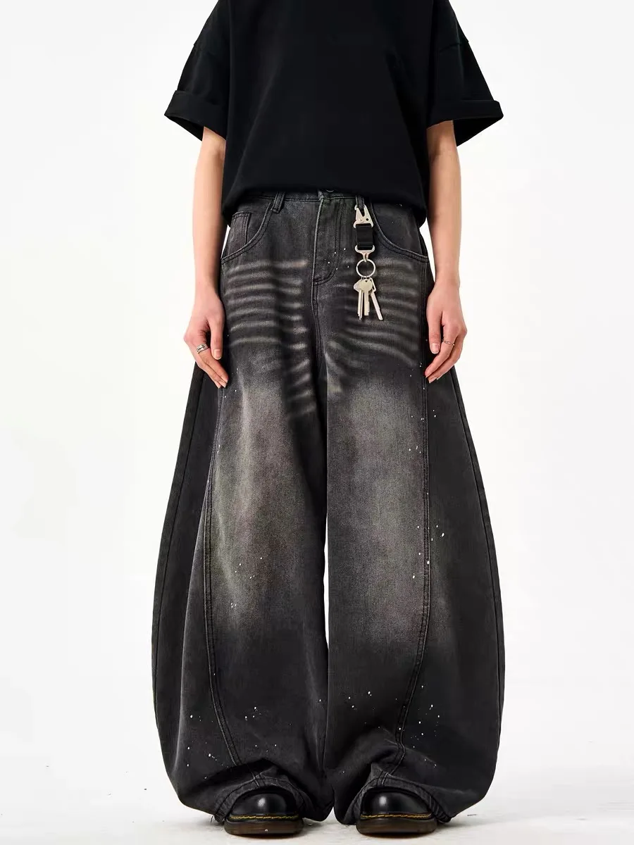 

Retro American Waed Ink Splatter Knife Jeans Loose Straight Leg Wide Leg Floor Length Trousers for Men Casual Jeans