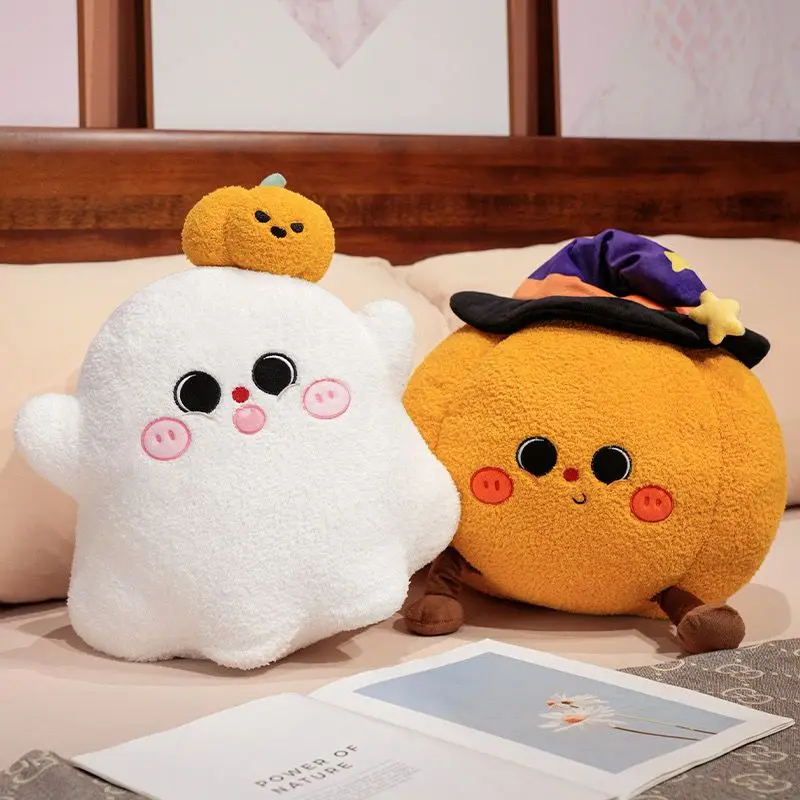 Halloween Theme Plush Pillow Cute White Ghost and Wizard Pumpkin Stuffed Cushion Soft Fluffy Doll Creative Holiday Surprise Gift