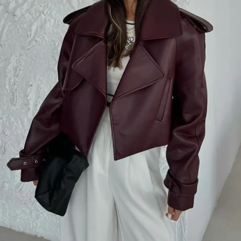 

2025 Autumn and Winter Fashion New Retro Leather Jacket Red Brown Jacket for Women