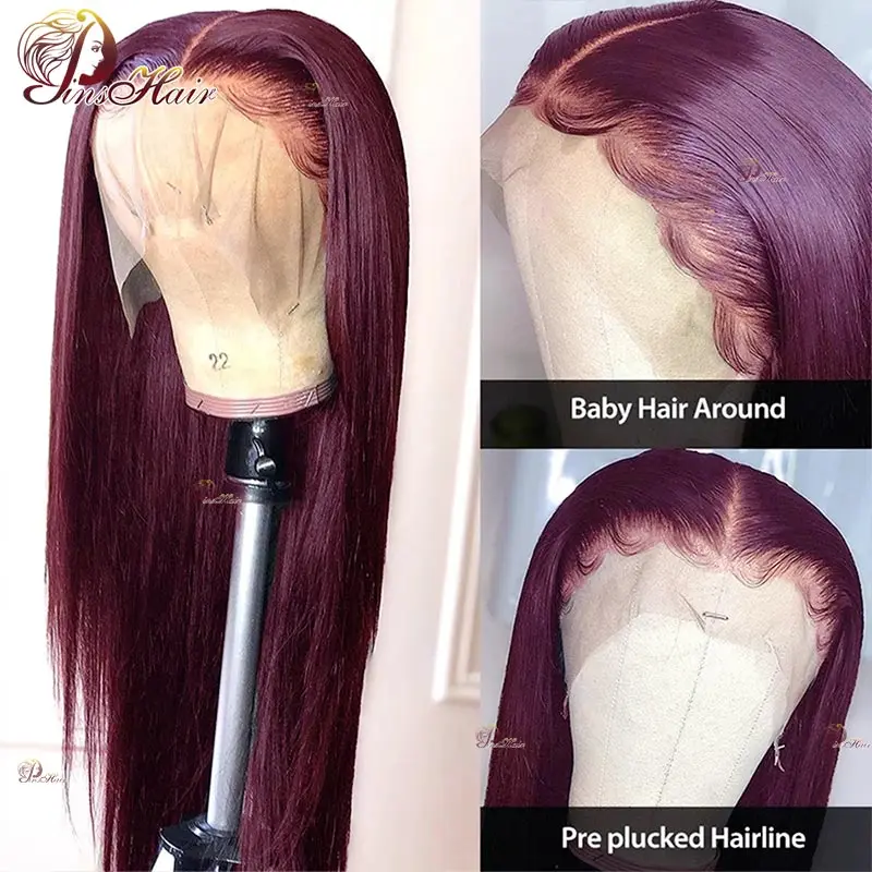 Wig rambut manusia lurus Burgundy renda depan Remy 99J warna 13X6 Wig Frontal renda rambut manusia telah ditanami renda depan untuk wanita