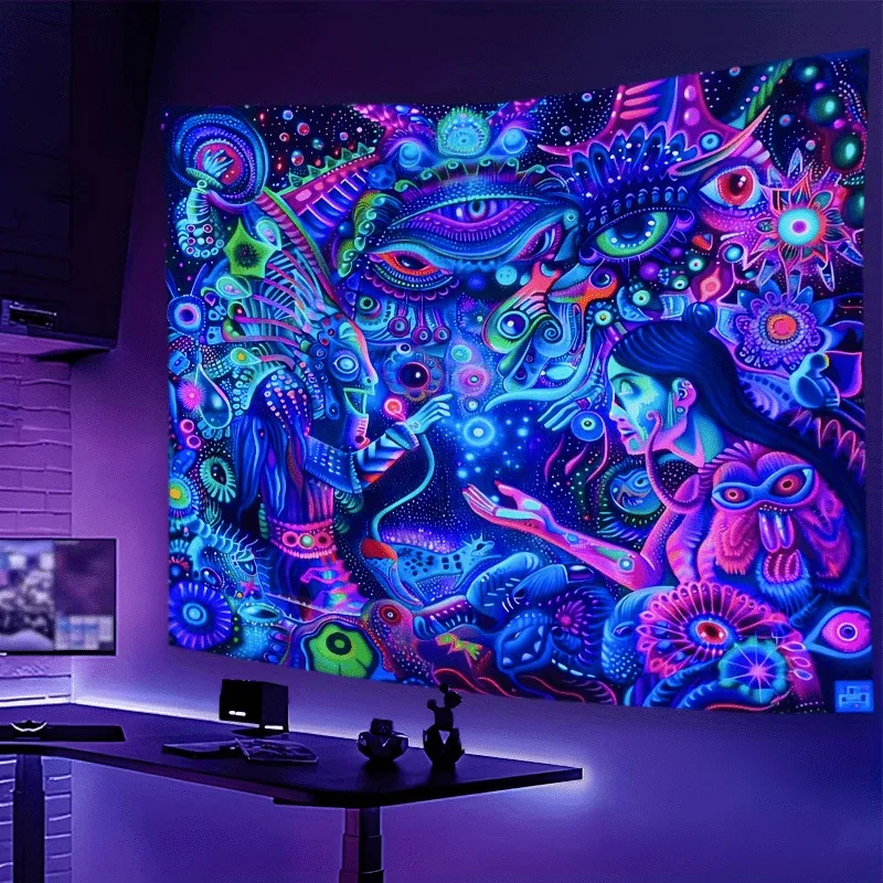 Psychedelic Pattern and Figure Neon Tapestry,UV tapestry wall hanging bedroom home party decoration