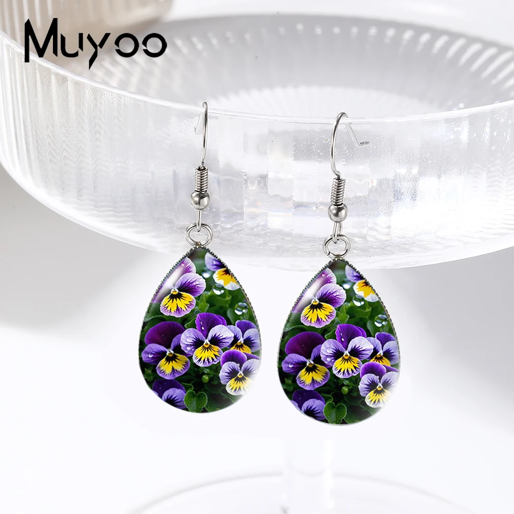 2025 New Purple Pansy Flower Tear drop Earring Fish hook Earring Glass Dome Jewelry Handmade Earrings