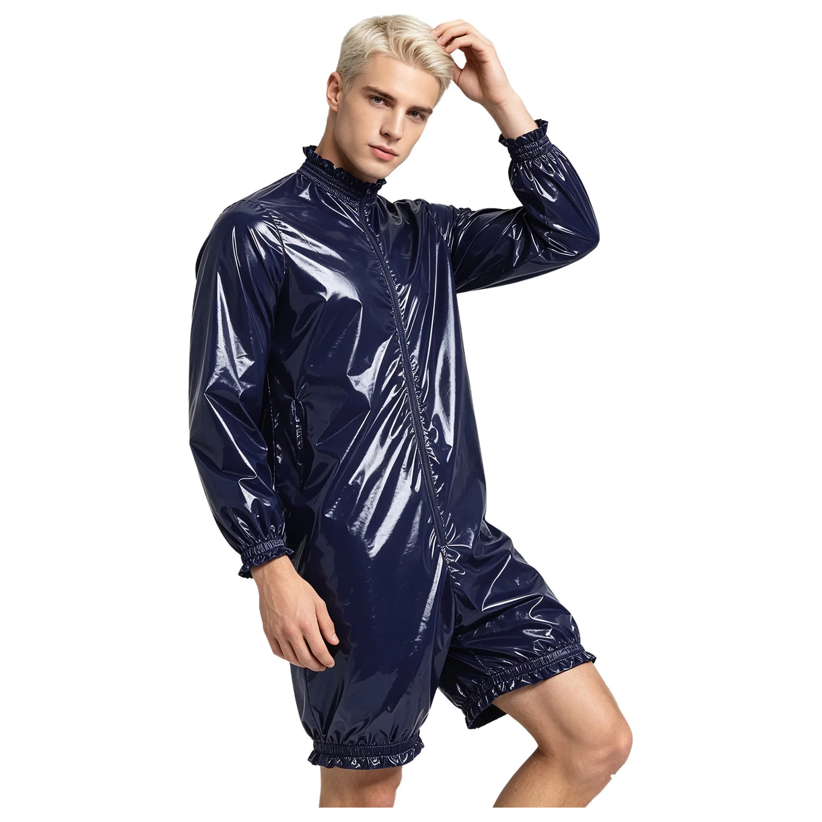 Men Glossy Waterproof Sauna Sweat Jumpsuit Swimwear Unitard Diaper Weight Loss Fitness Sport Workout Bodysuit Raincoat Tracksuit