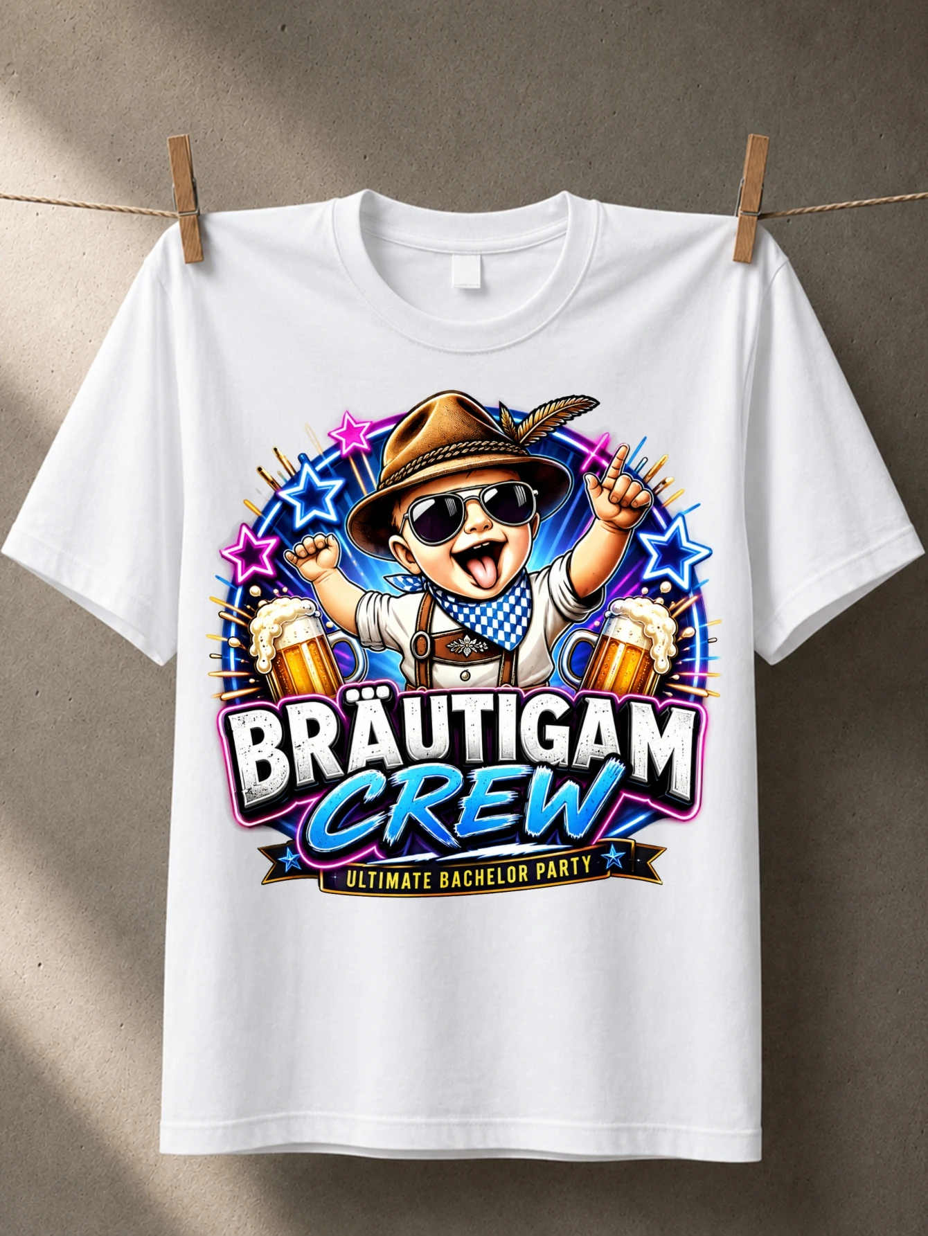 Brautigam Crew with Bavarian boy beer steins neon stars and ultimate bachelor party text in bold  Unisex All T-Shirt