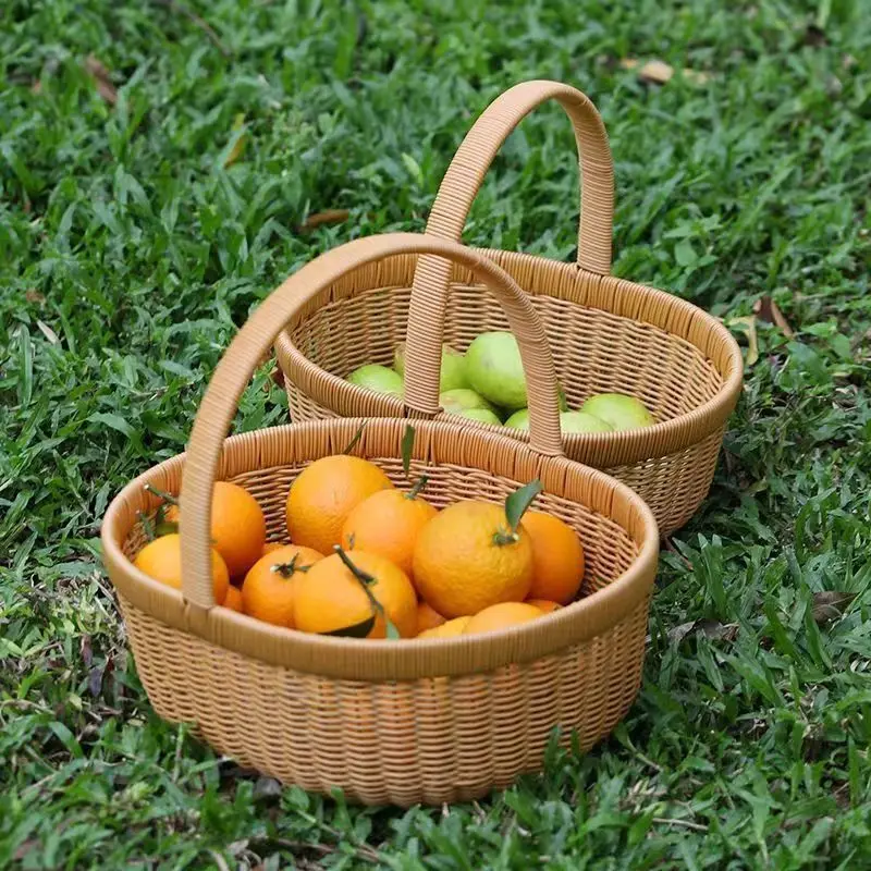 Plastic Woven Handle Picnic. Snack Imitation Rattan .Shopping Vegetable Fruit Picking Basket