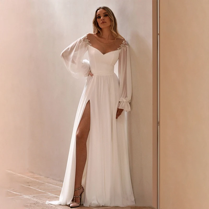 Mordern Sweetheart Line Boho Wedding Dresses Long Puff Sleeves Lace Appliques Bridal Gowns Vestidos De Novia Custom Made
