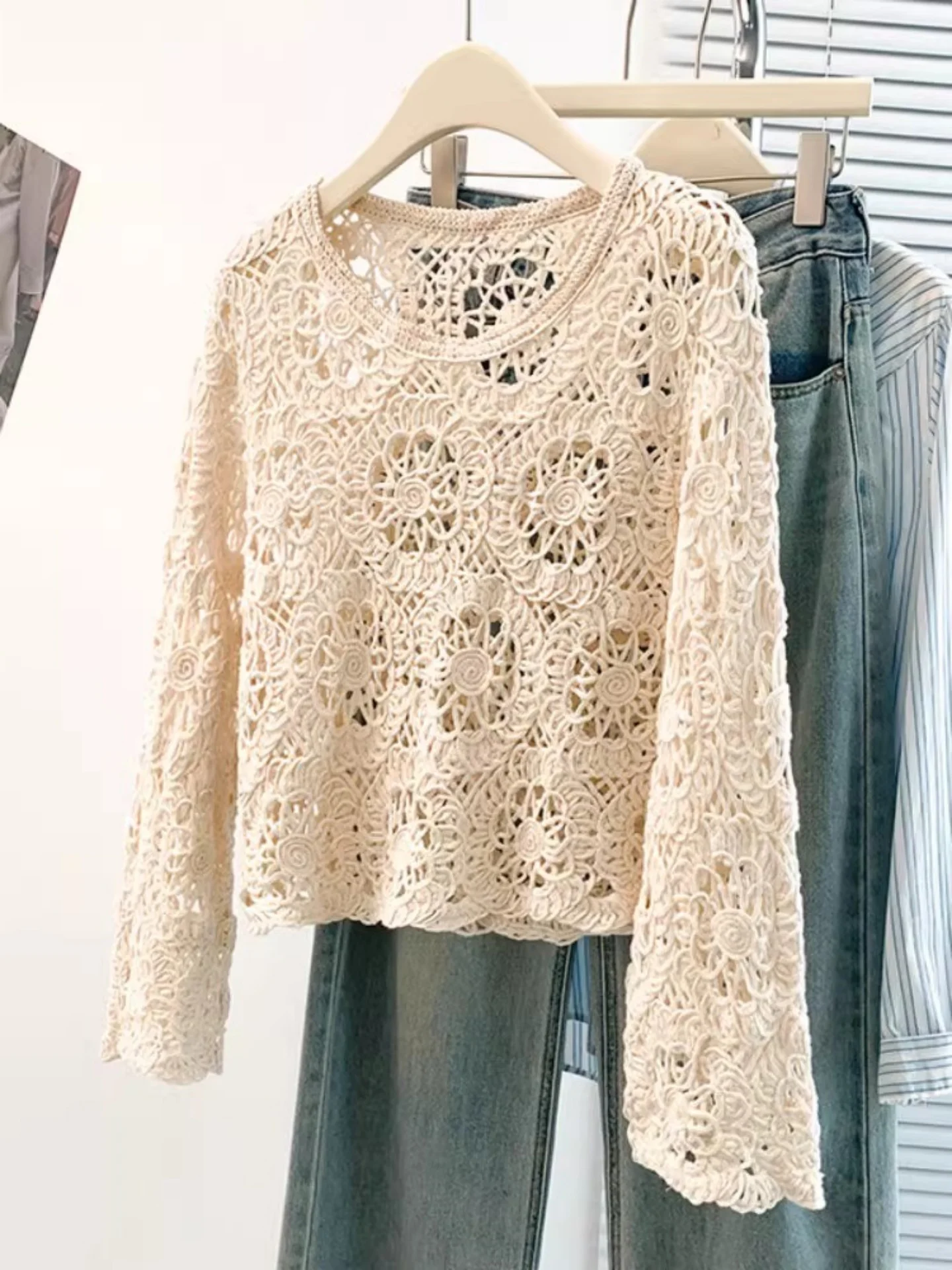 

n Knitted Long Sve Hollow out Women's Top Spring 2026 plus Size Outerwear Layering irt Comfortable Korean Sle