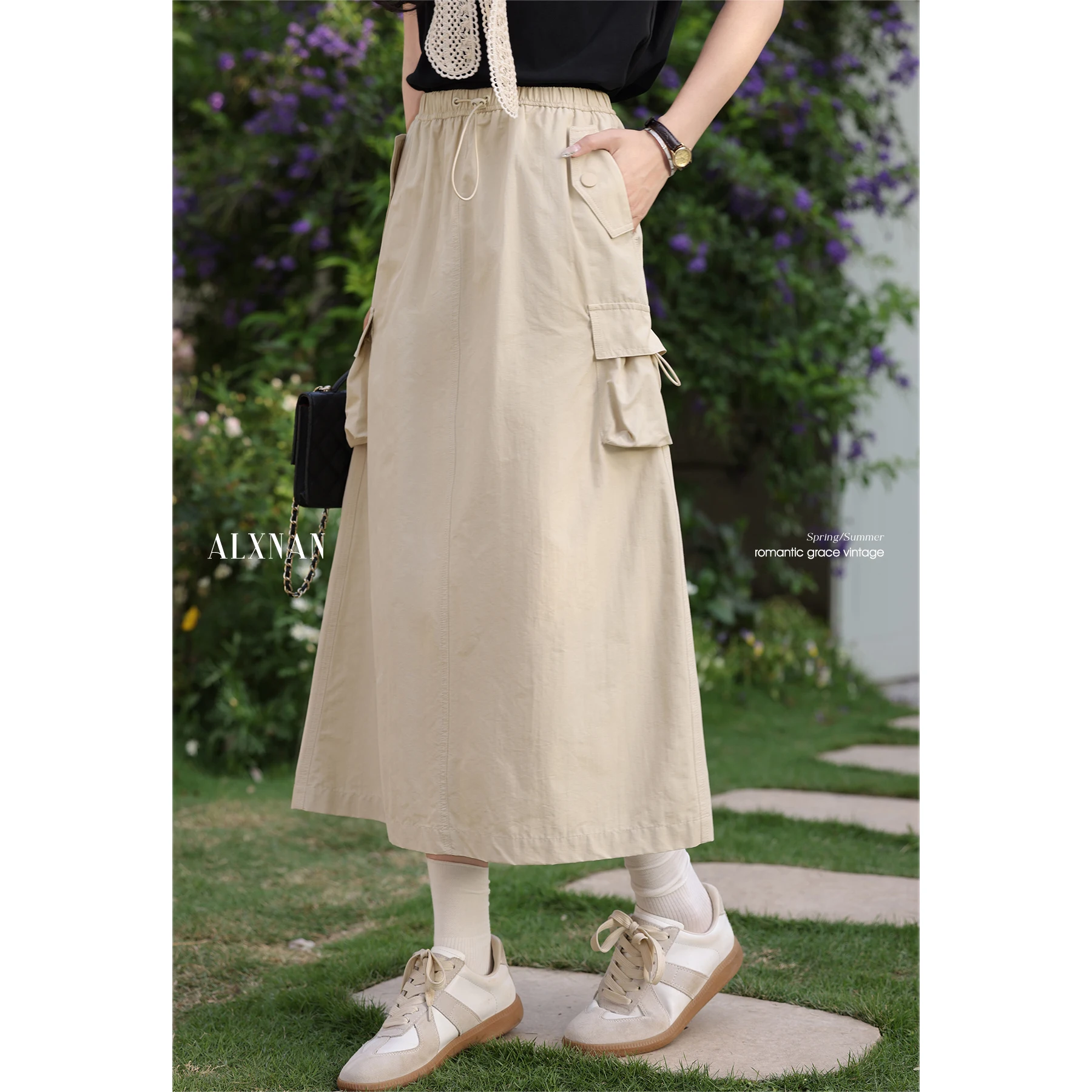 ALXNAN Women's Skirt Apricot Elegant Loose-fit A-line Workwear Skirt 2025 Summer Casual Office Lady with Pocket Clothing L55718