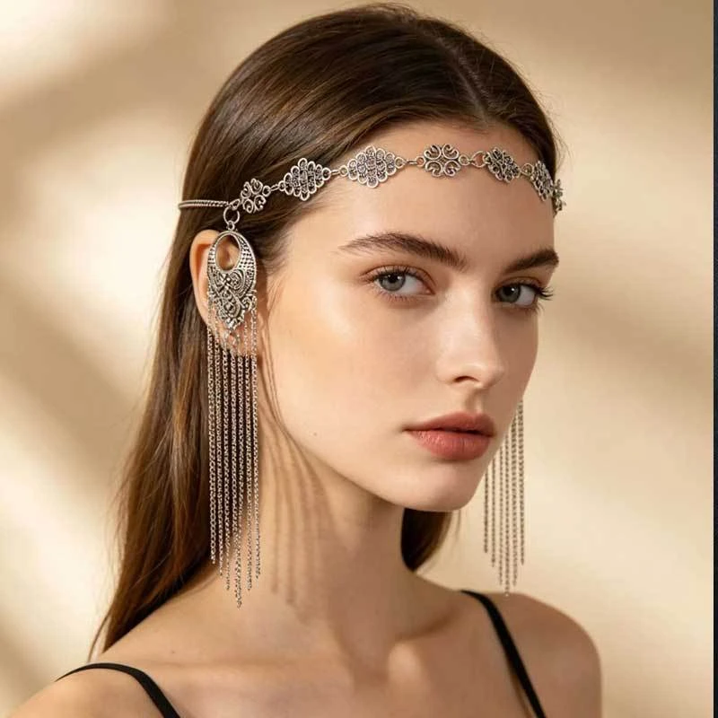1PC Bohemian Tassel Forehead Head Chain, Vintage Metal Headband, Halloween Gypsy Princess Cosplay Forehead Jewelry