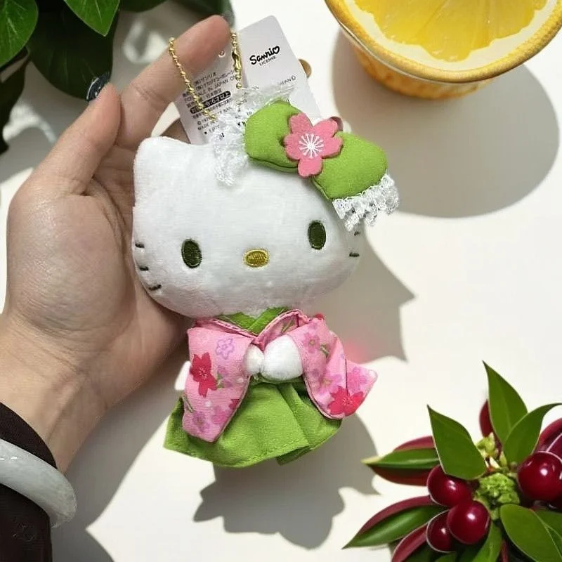Sanrio Hello Kitty Matcha Kimono dentelle arc fleur de cerisier en peluche pendentif automobile intérieur voiture porte-clés sac à dos décoration cadeau