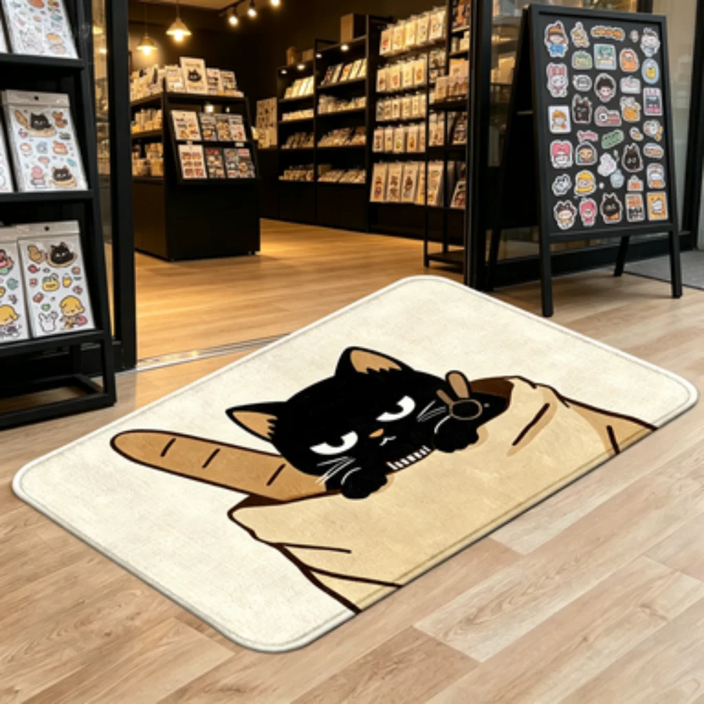 Lazy Cat Foldable Mat, Vintage Brown Cat Easy Care Mat, Hand Drawn Kitten Washable Mat, Black Brown Cat Cartoon Rug.