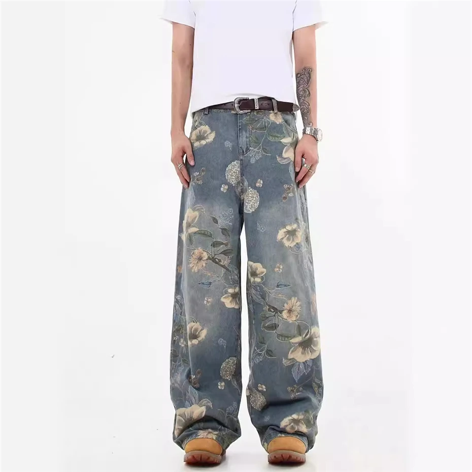 Hip Hop Flower Printed Jeans Mens Streetwear Punk Y2k Jeans Trousers Men Harajuku Vintage Washed Baggy Wide-leg Denim Pants