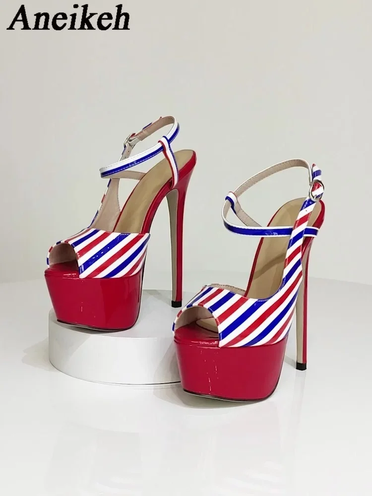 Aneikeh Fashion Color Striped Stiletto Heel Platform Women\'s Sandals Buckle Strap Nightclub Party Shoes Zapatillas De Mujer