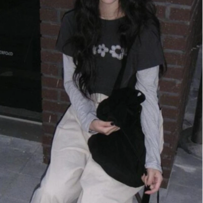 التباين اللون الشارع الرجعية الزهور خياطة كامي سيتا شيك عادية تي شيرت رو با مخطط التخسيس كاذبة قطعتين كم طويل #6