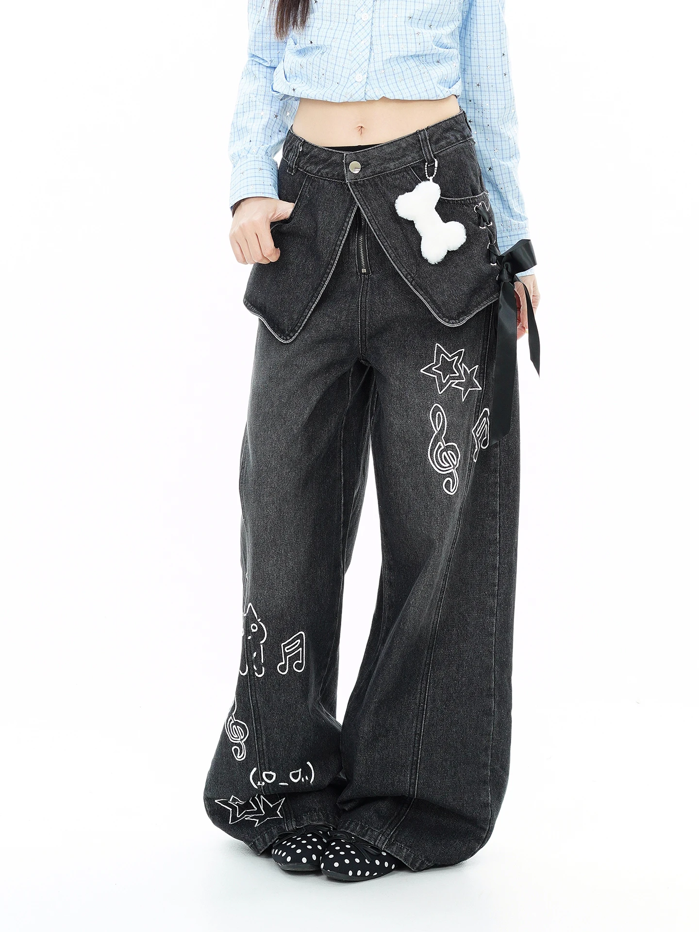 Sweet Cool Style Bone Pendant Fake Two-Piece Jeans Loose Women's Fashion Autumn New Arrival Wide Leg Pants Trendy Casual Wear