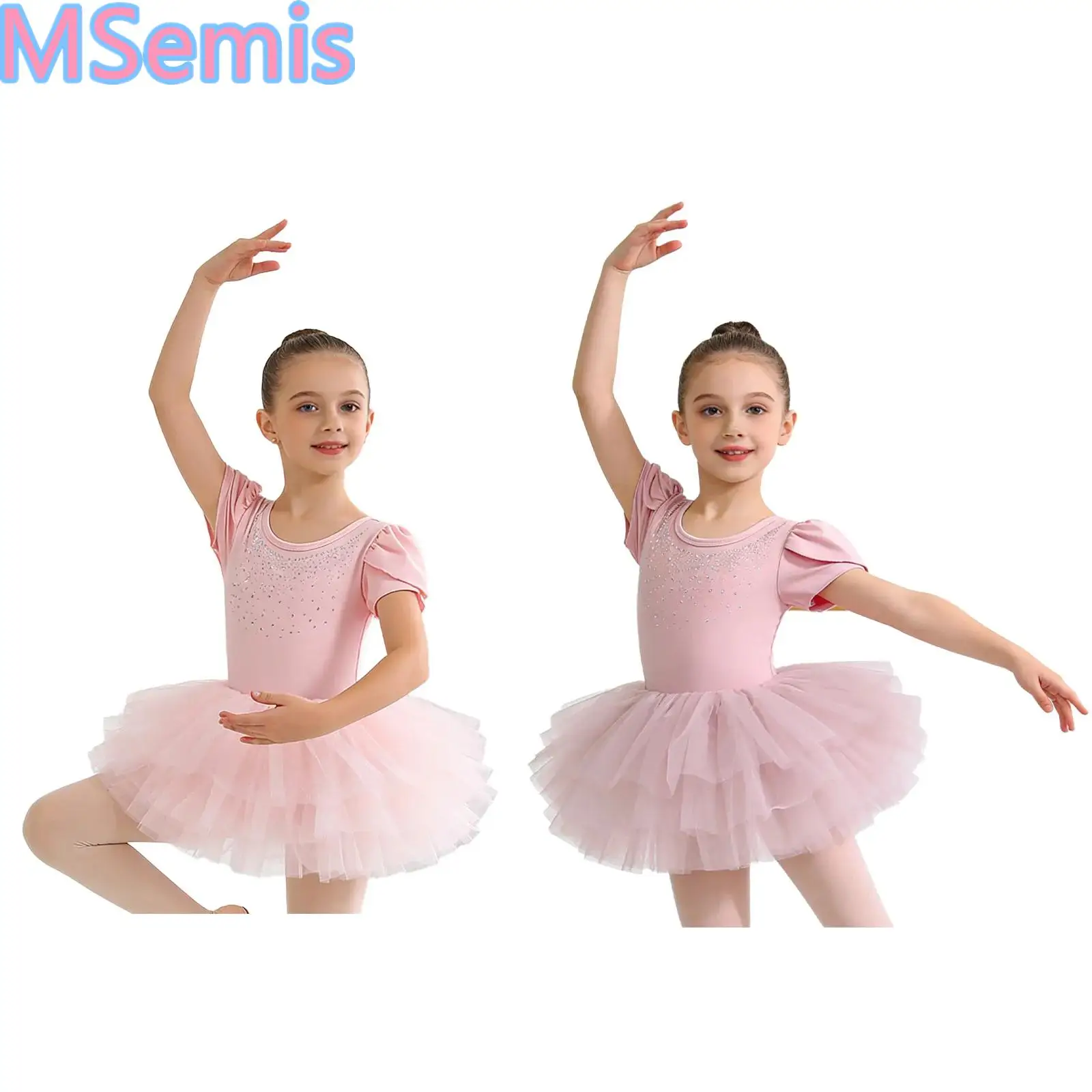 Vestido de Ballet Tutú con Lentejuelas y Pedrería para Niñas, con Espalda Cruzada, Manga Corta, Tul en Capas y Braguitas Integradas