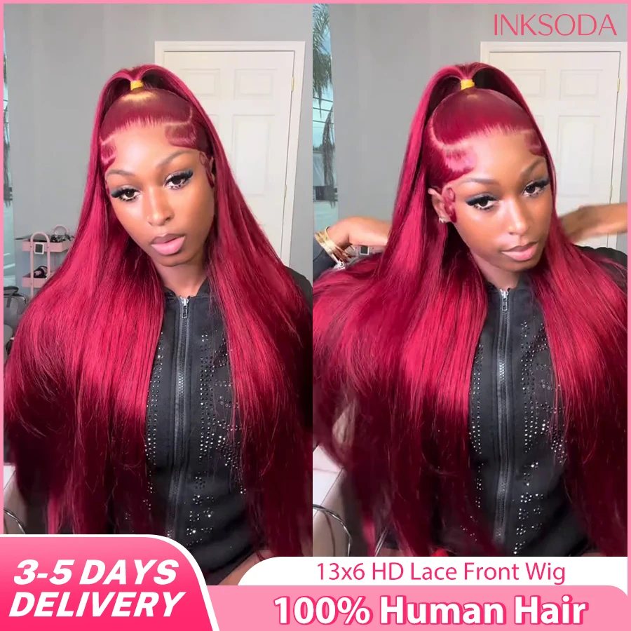 

Бордовый парик из натуральных волос 13x6 HD Lace Frontal, прямой, красный, 13x4 Lace Front, для женщин, цвет 99J, плотность 180-220%