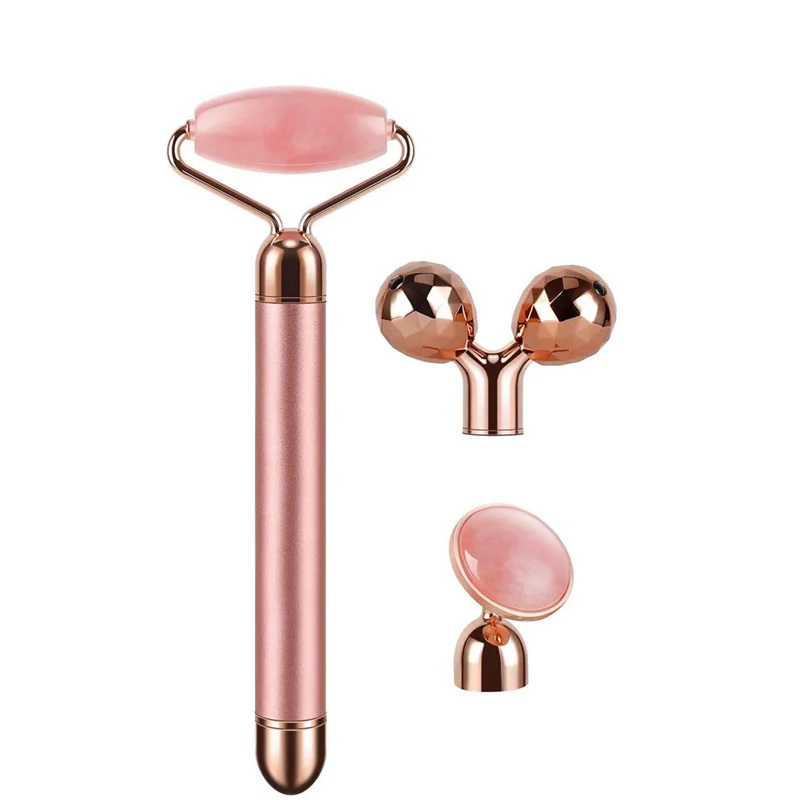 3 in 1 Electric Vibrating Facial Roller Massage Stainless Steel Crystal Jade Stone 3D Roller Face Massager Kit for Face Lifting