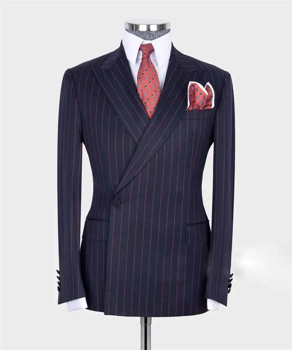 Men's 2 Piece Suit Navy Blue Striped Double Breasted wear Blazer Pants Autumn Formal Business Wedding Groom Tuxedo Customized