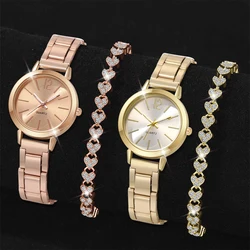 4PCS Set Rose Gold Luxury Watch Women Ring Necklace Earring Rhinestone Fashion Wristwatch Casual Ladies Bracelet Watches