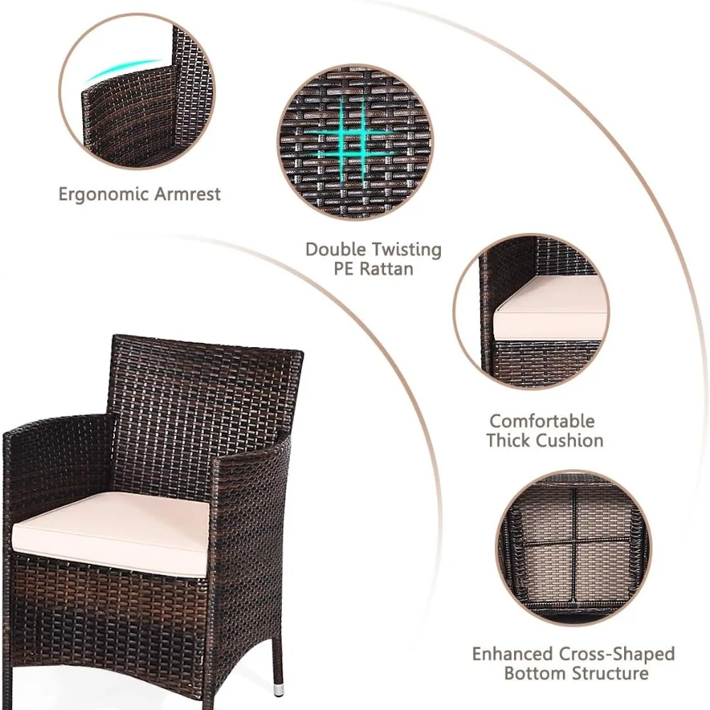  3 Piece Patio Set Wicker Rattan Furniture Set Outdoor Rattan Conversation Set with Coffee Table Chairs & Thick Cushio