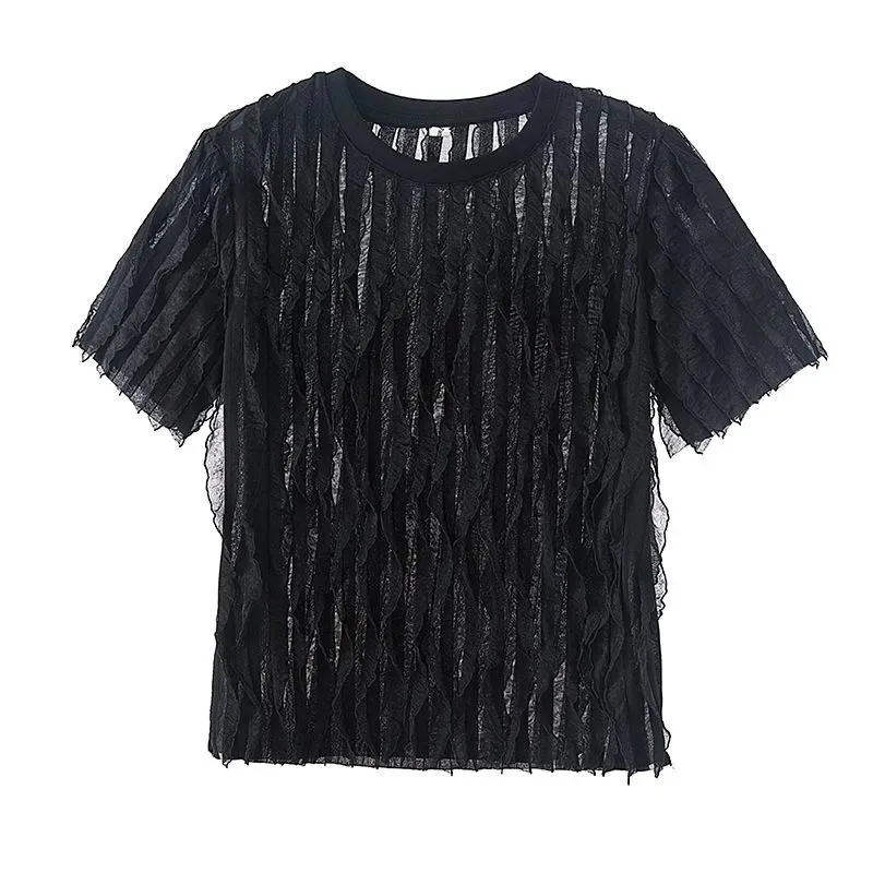 Women's Plus Size Black T-shirt Fringe Design Crew Neck Short Sleeve Sheer Casual Summer Top