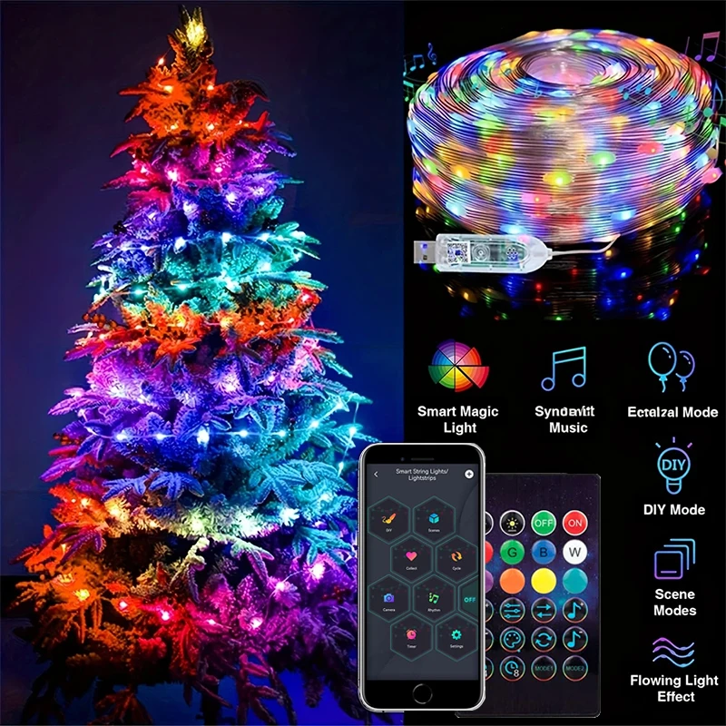 الذكية LED الجنية أضواء RGB سلك سلسلة أضواء App التحكم عن بعد USB بالطاقة الموسيقى مزامنة لحفلات الزفاف في الهواء الطلق ديكور المنزل