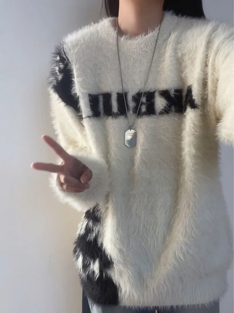 

American Lazy Sle round Ne Knitwear Men's Autumn Winter Fluffy Faion Warm Casual Inner Wear Sweater Coat