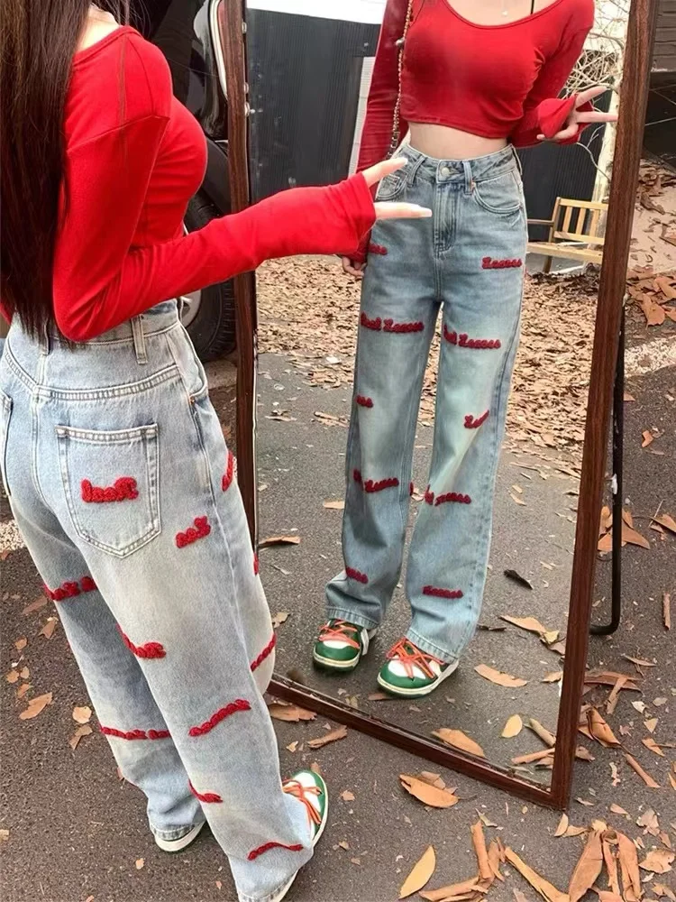

Autumn Winter Women's Long Denim Jeans American Style Embroidered Plus Size High Waist Straight Narrow Slimming Fashion Trousers