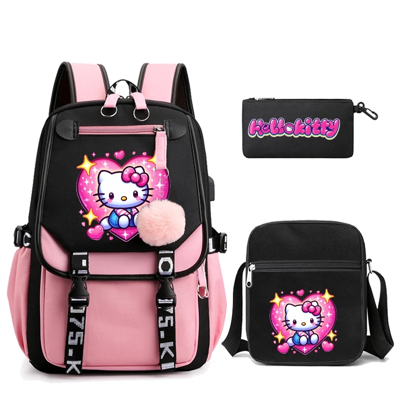 

3Pcs/set Anime Hello Kitty Backpack Canvas Backpack for Men Women Travel Bag Student Girl Boy Back To School Schoobag Mochila