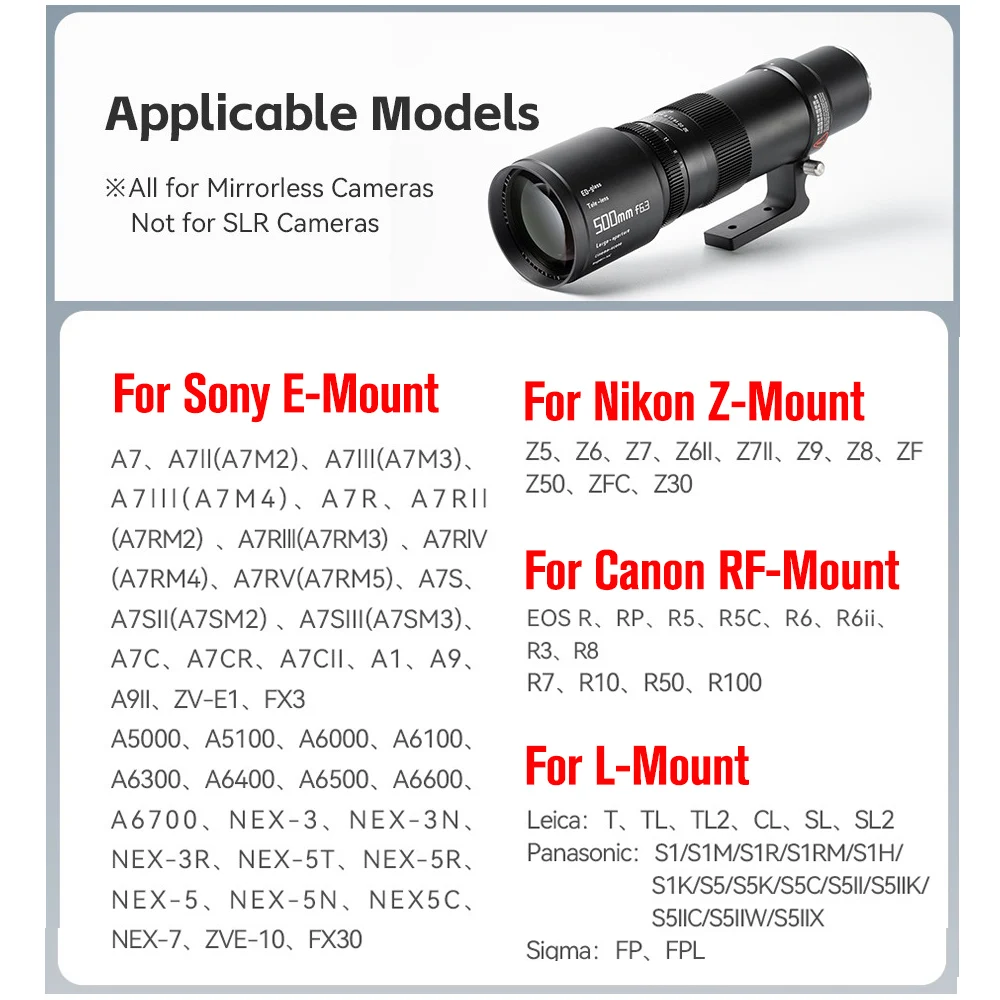 TTArtisan 500mm F6.3 Telephoto Lens Full Frame Lens Camera Full Frame Lens for Sony E-Mount Nikon Z-Mount Canon RF-Mount L-Mount