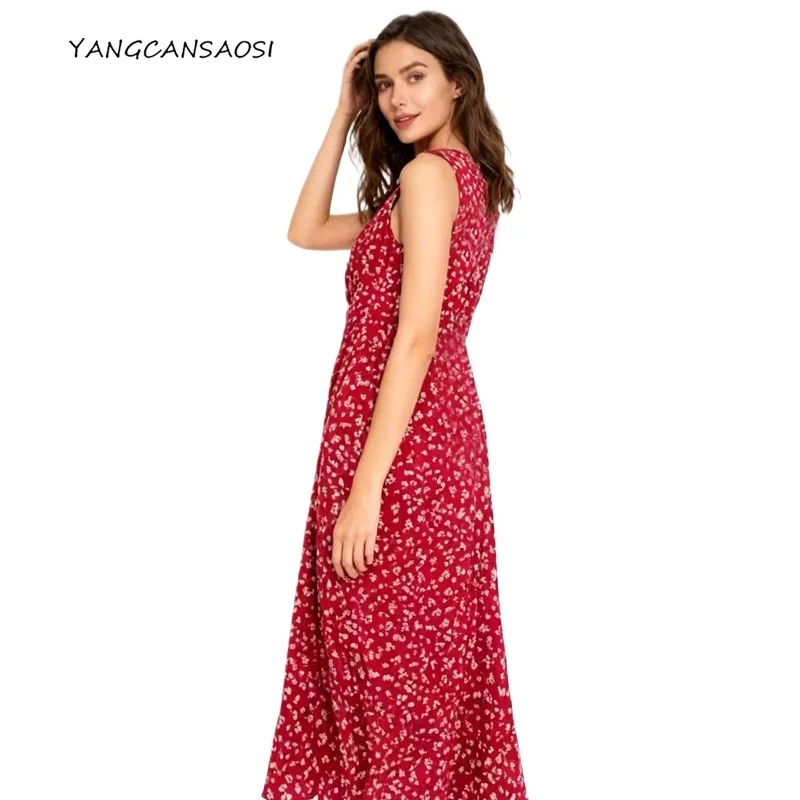 

Women's Fashion Clothing Artistic Red Print Vacation Style 100% Natural Mulberry Silk Crepe De Chine Round Neck Vest Dress