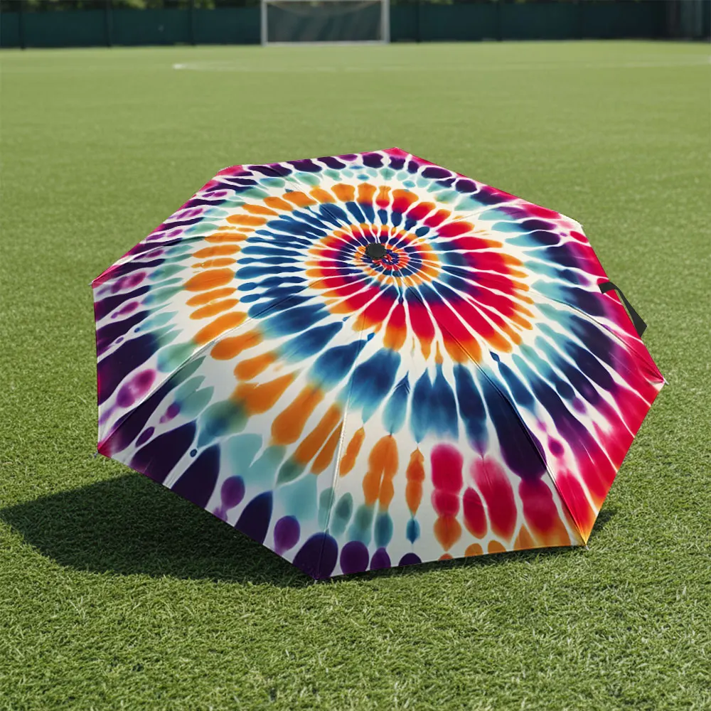 1P C Colorful Spiral Design Umbrella in Front of Iconic Landmark Print 8 Iron Ribs Folding Umbrella Auto-Open Fashion Sunshade