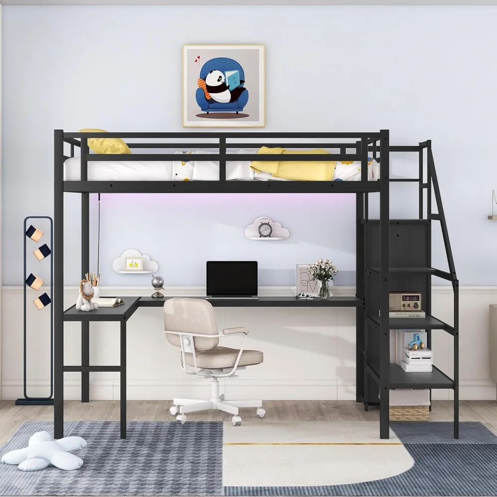 Cama Loft de tamanho completo com mesa em forma de L e USB, armário metálico com prateleira ajustável, cama LED alta