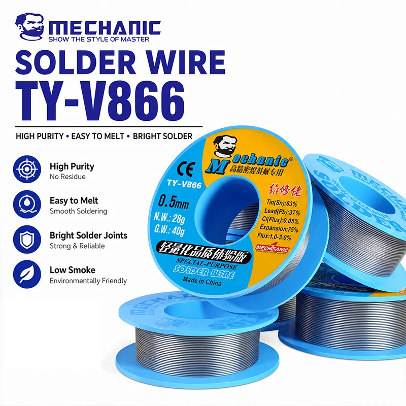 MECHANIC TY-V866 Rosin Core High Purity Solder Wire 40g 183°C for Mobile Phone PCB & Motherboard Repair