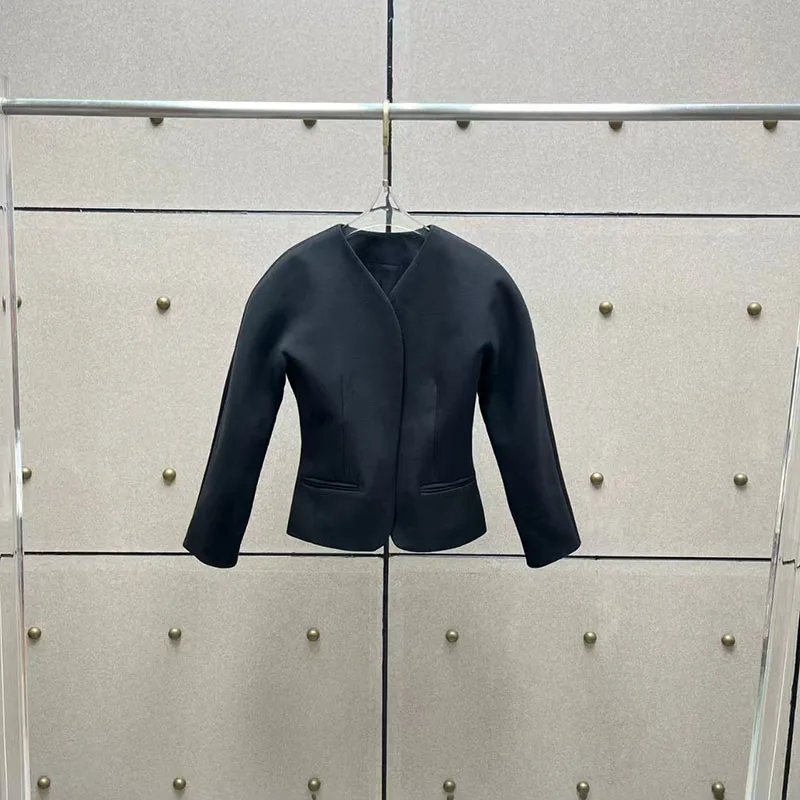 Women's Crew Neck Waisted Coat Jacket, Versatile Commuter Suit, High Quality Top, 2026, New, y2k, Long Sleeve Dark Button Suit;