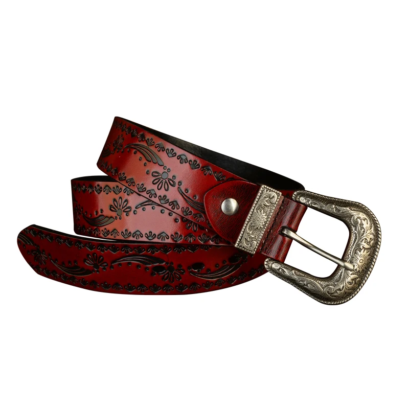 3.8CM Vintage Pin Buckle with Flower Grass Pattern Genuine Leather Belt for Men High Quality Work of Art Strap High Quality