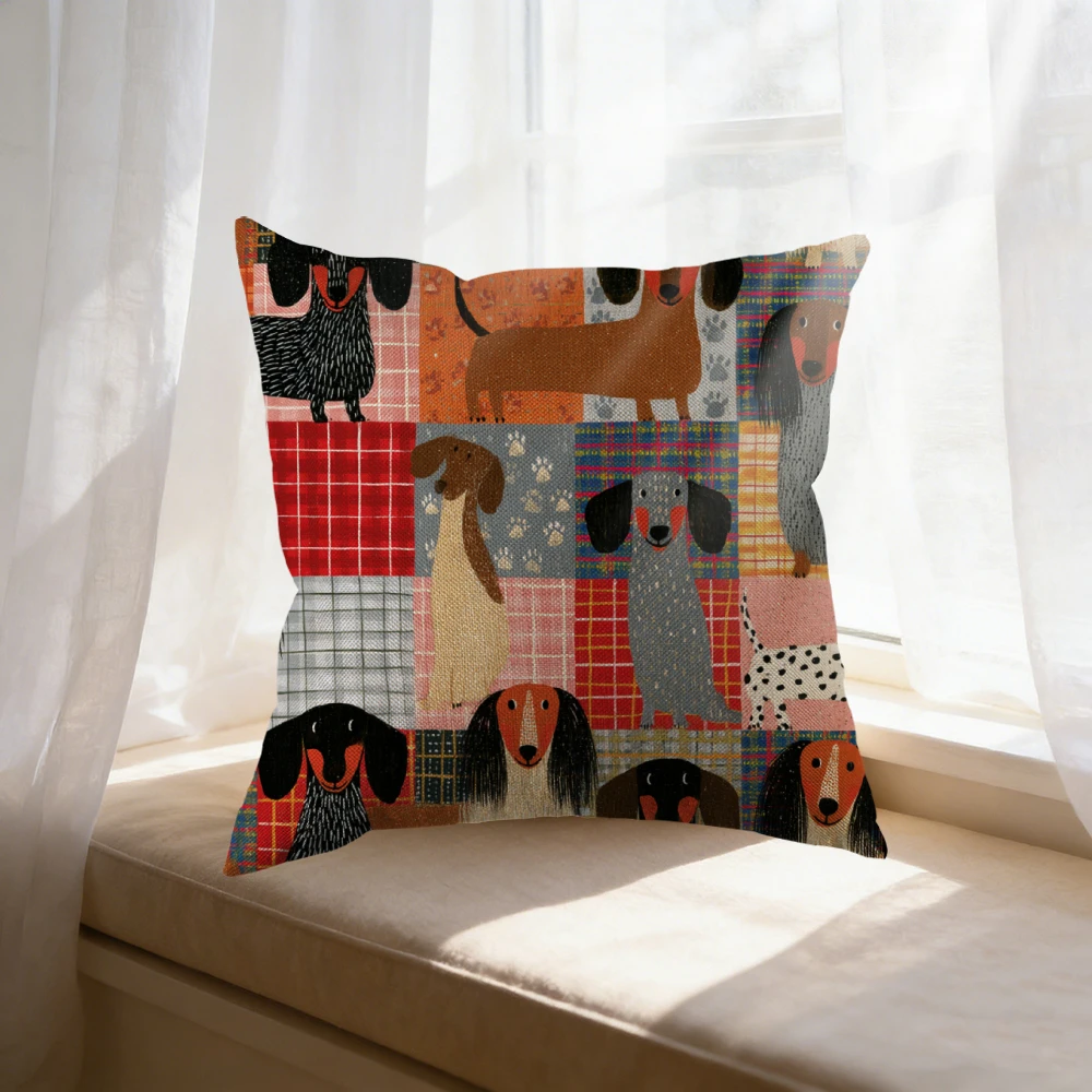 1Pc Retro Multicolor Dachshund Dog Patchwork Print Cushion Cover for Sofa Bed Living Room 45x45cm