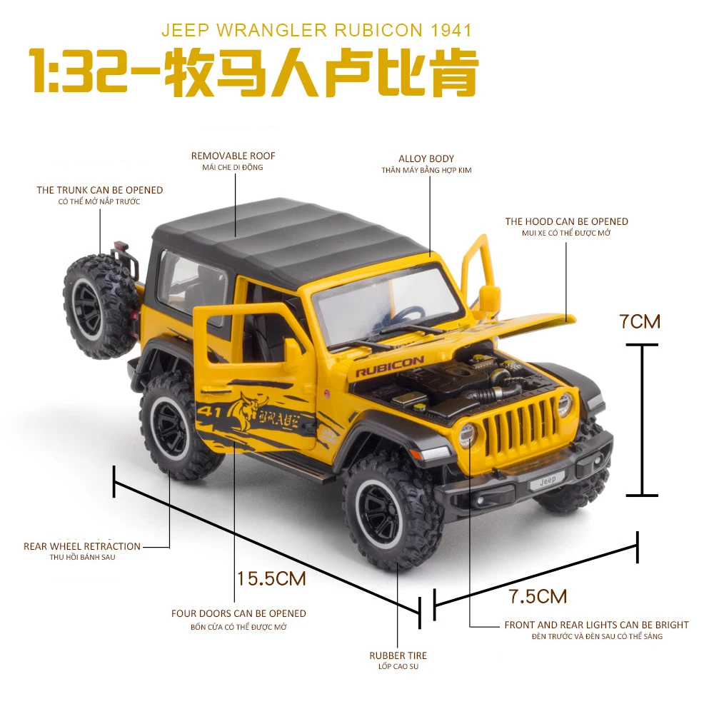 1:32 Jeeps Wrangler Rubicon 1941 Off-Road Legering Auto Diecasts & Toy Vehicles Model Auto Geluid En Licht Auto speelgoed Voor Kinderen Geschenken