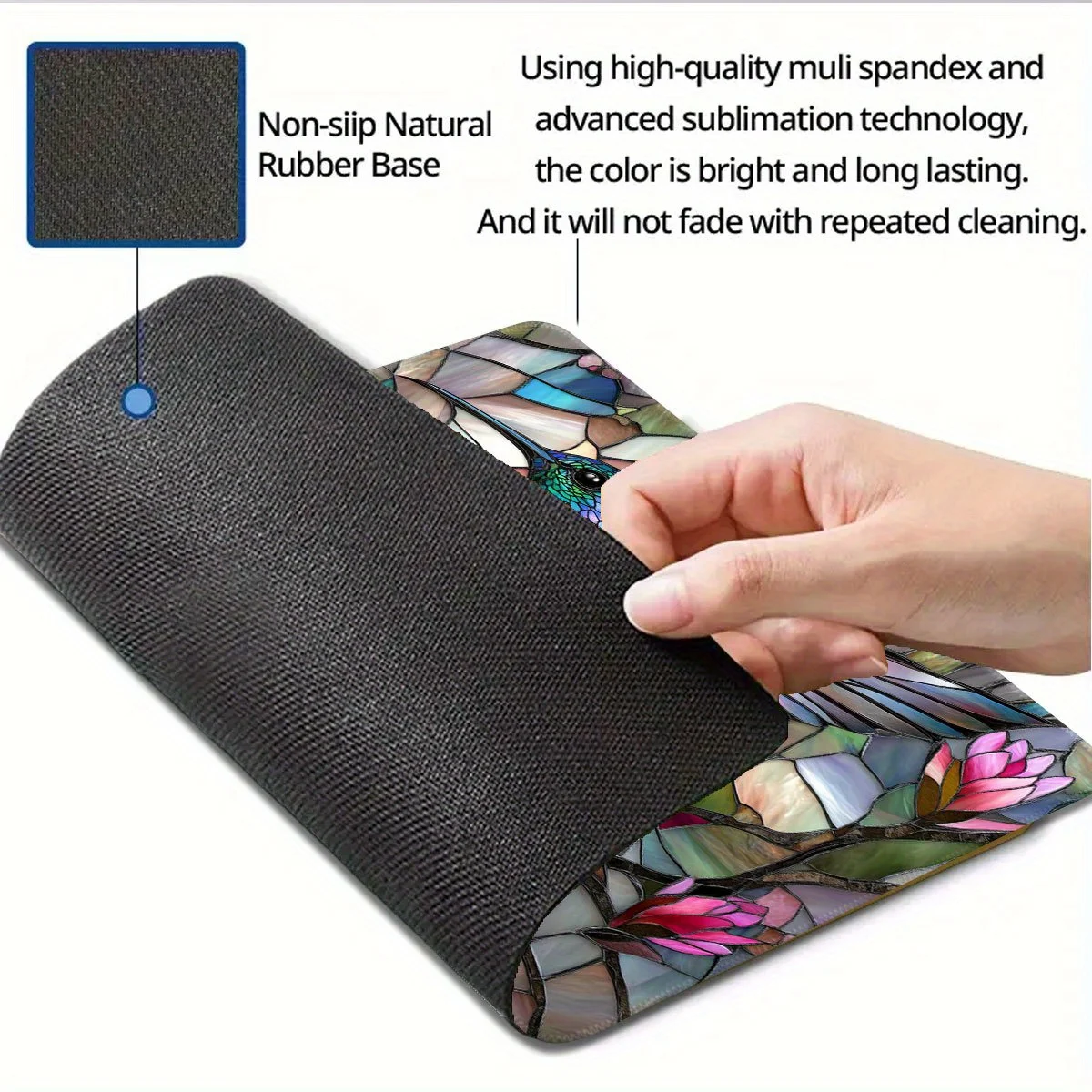 Colored glass hummingbird mouse pad, flower branch anti-slip base, washable and durable rubber material computer accessory