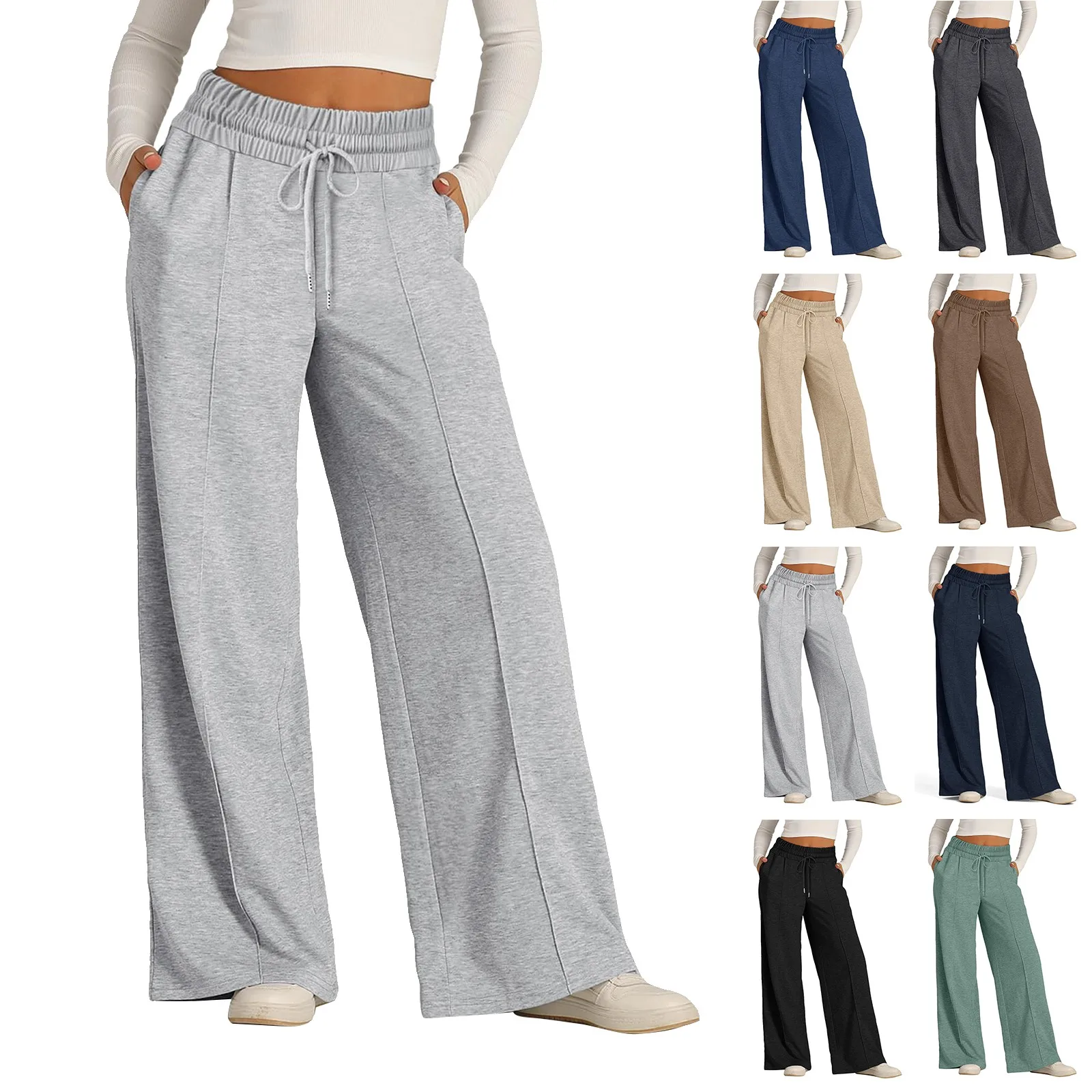 Calça de perna larga feminina com bolsos, calça esportiva solta, casual, versátil, monocromática, elástica na cintura, reta, perna