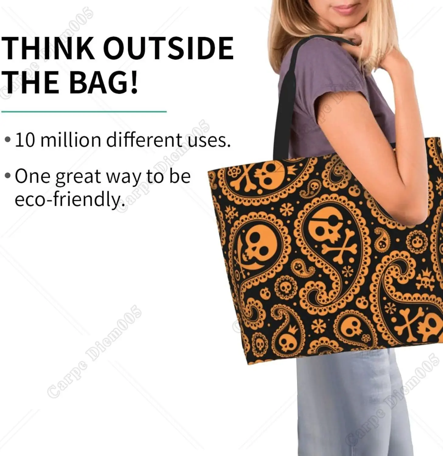 Boho Paisley Pattern Pirate Skull Tote Bag Grocery Bag Shopping Bag Handbag Beach Bag Gift Bag for Women Work Shop Tote Bag