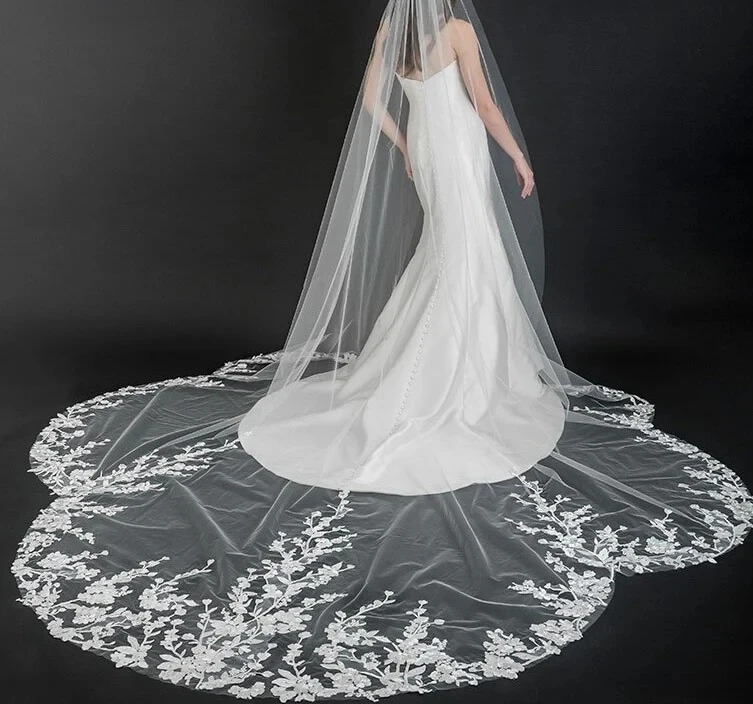 Elegant Wedding Veils Appliques Lace One Layer White Ivory Tulle Bridal Veil with Combs 3 Meters Veu de Noiva Longo Real Images