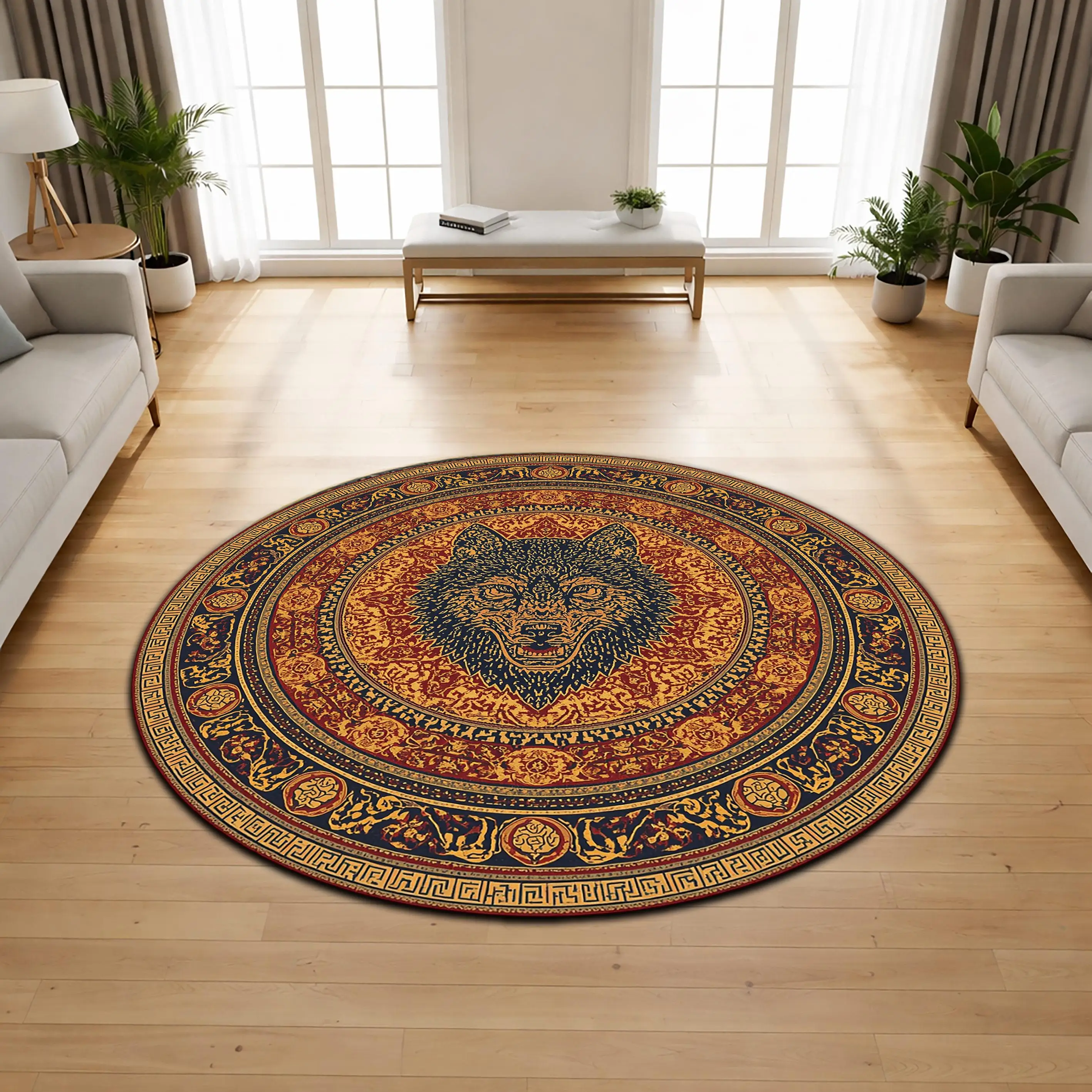 Vintage Wolf Head Ethnic Floral Circular graphics Circle Rug,Living Room Sofa Chair,Study Room,Entryway indoor decor Rug