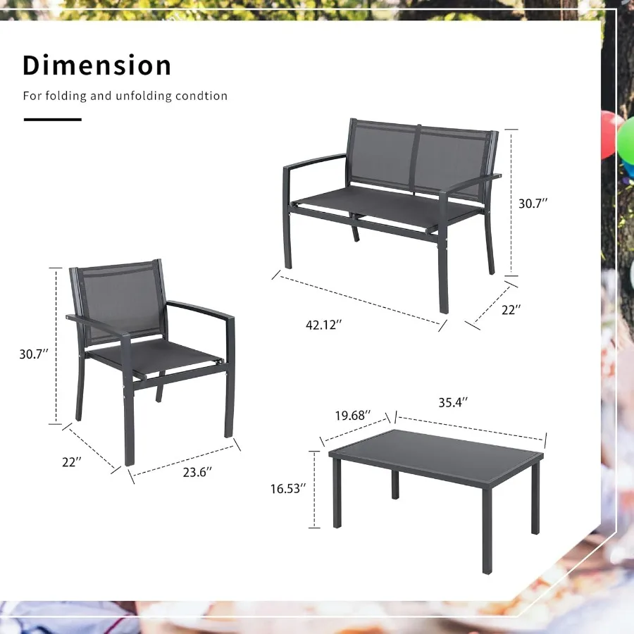 야외용 4피스 파티오 대화용 가구 세트(러브시트, 싱글 의자 2개, 유리 커피 테이블 포함)