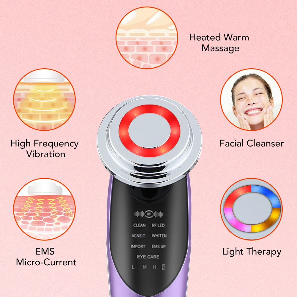 7-in-1 EMS RF gezichtsmassager Microstroom LED-lichttherapie Huidverjonging Anti-aging Rimpel Face Lift Schoonheidsapparaat