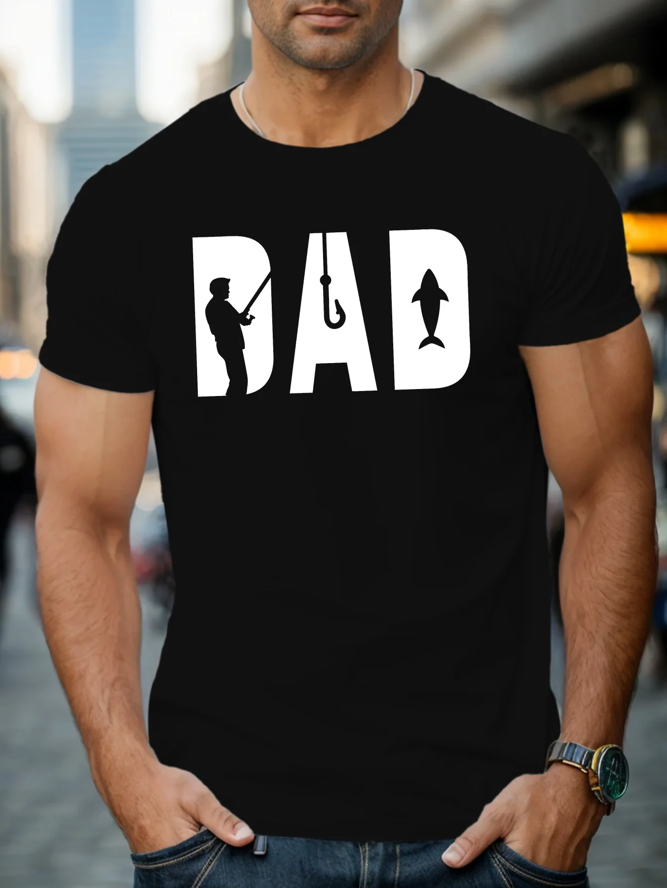 

Мужская футболка с рисунком BAD Fishing Dad, повседневная черная футболка с коротким рукавом и круглым вырезом из полиэстера, которую можно стирать в машине, летний топ