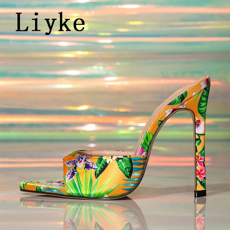 Liyke أنيقة أشار تو رقيقة عالية الكعب النعال الحديثة النساء مختلط الألوان الحرير الصيف صندل السيدات فستان الحفلات أحذية حجم 42