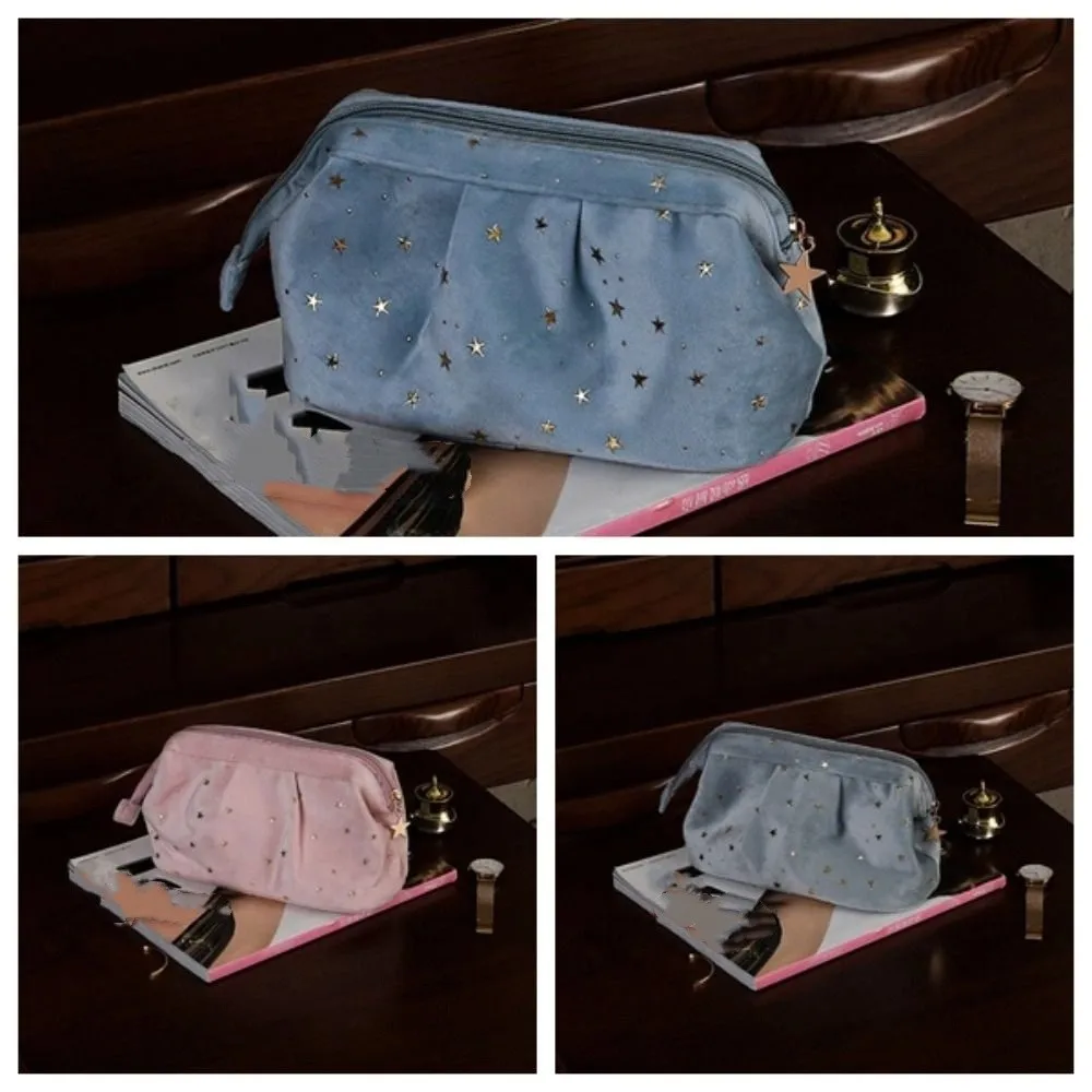 

Bronzing Stars Velvet Cosmetic Bag Wash Pouch Large Capacity Shell Shape Makeup Case Handbag Zipper Travel Toiletry Bag Outdoor