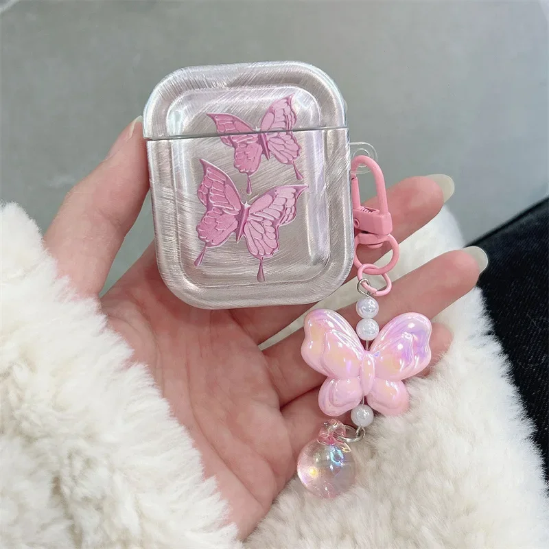 Funda con colgante de mariposa rosa para AirPods 4, Airpod 1, 2, 3 Pro Pro2, auriculares Bluetooth, caja de carga, funda protectora para auriculares